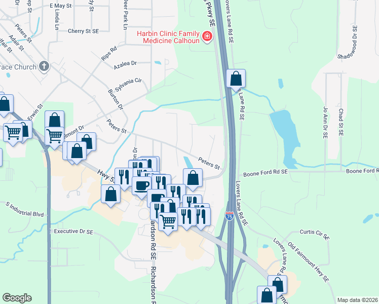 map of restaurants, bars, coffee shops, grocery stores, and more near 627 Peters Street in Calhoun