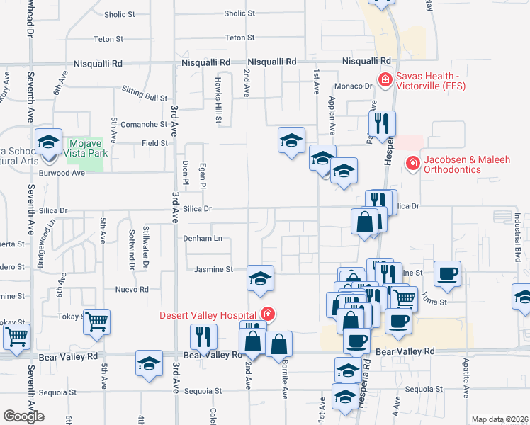 map of restaurants, bars, coffee shops, grocery stores, and more near 16751 Silica Drive in Victorville