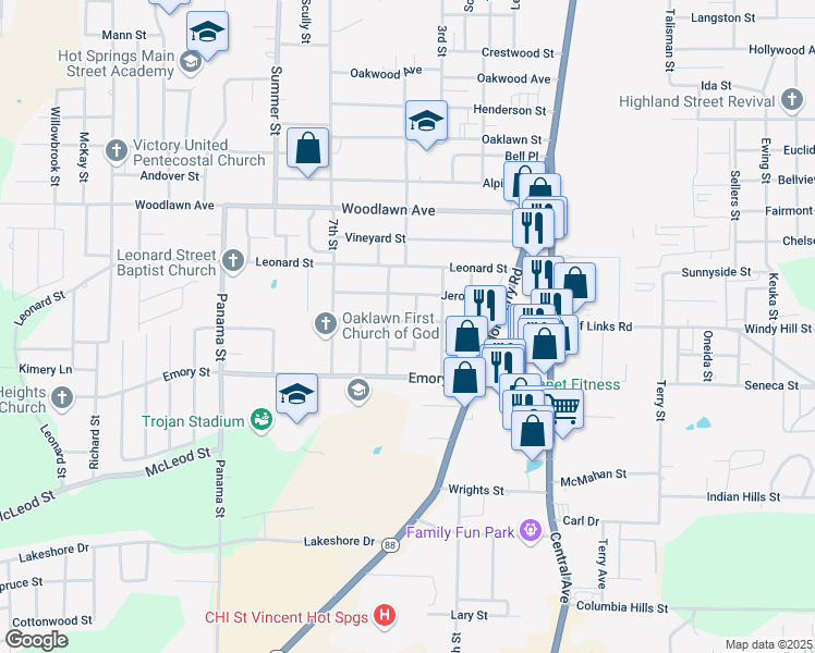 map of restaurants, bars, coffee shops, grocery stores, and more near 403 Fleet Street in Hot Springs