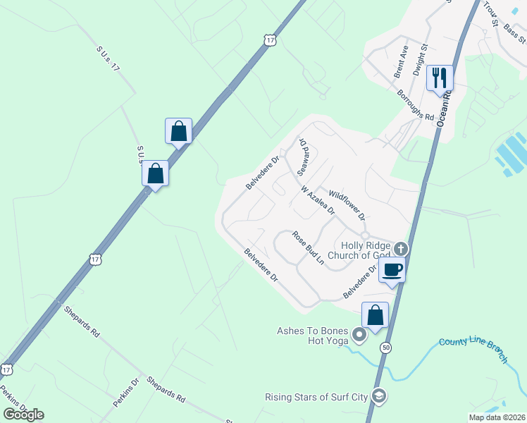 map of restaurants, bars, coffee shops, grocery stores, and more near 116 Hampton Drive in Holly Ridge