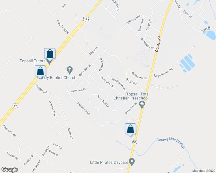 map of restaurants, bars, coffee shops, grocery stores, and more near 403 Tree Court in Holly Ridge