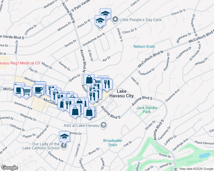 map of restaurants, bars, coffee shops, grocery stores, and more near 2271 McCulloch Boulevard North in Lake Havasu City