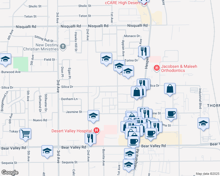 map of restaurants, bars, coffee shops, grocery stores, and more near 16851 Silica Drive in Victorville