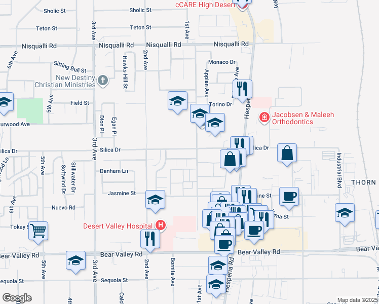 map of restaurants, bars, coffee shops, grocery stores, and more near 16873 Silica Drive in Victorville