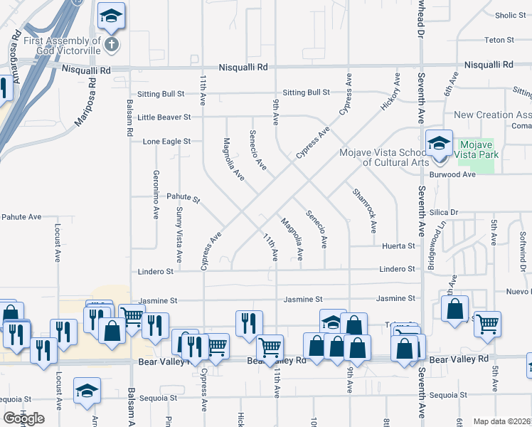 map of restaurants, bars, coffee shops, grocery stores, and more near 12454 11th Avenue in Victorville
