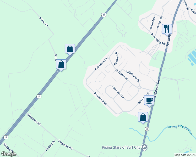 map of restaurants, bars, coffee shops, grocery stores, and more near 202 Willow Ridge Drive in Holly Ridge