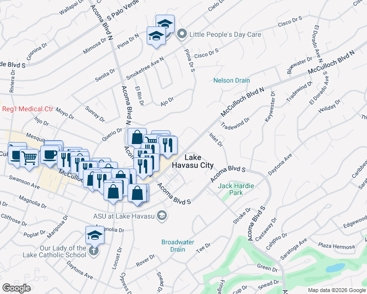 map of restaurants, bars, coffee shops, grocery stores, and more near 2330 McCulloch Boulevard North in Lake Havasu City