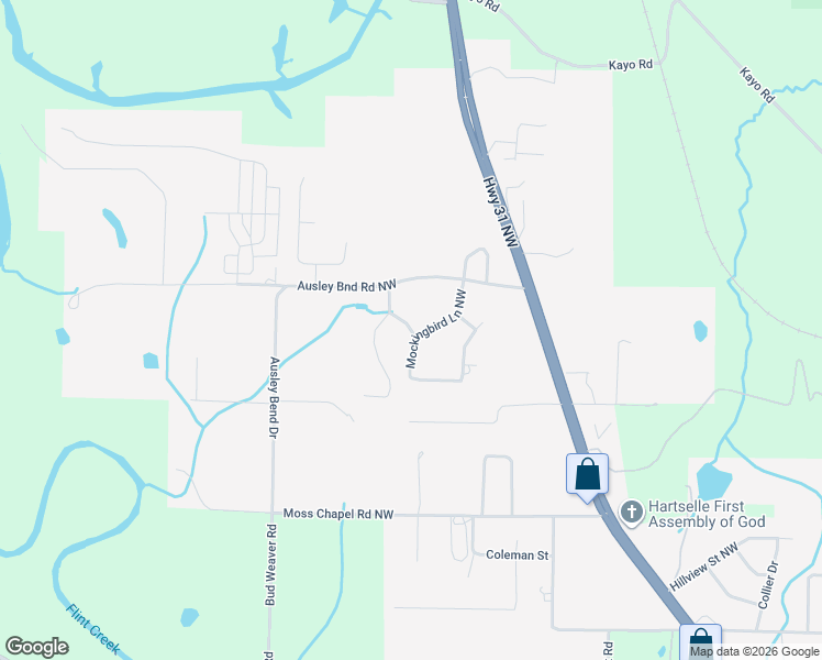 map of restaurants, bars, coffee shops, grocery stores, and more near 2500 Mockingbird Lane Northwest in Hartselle