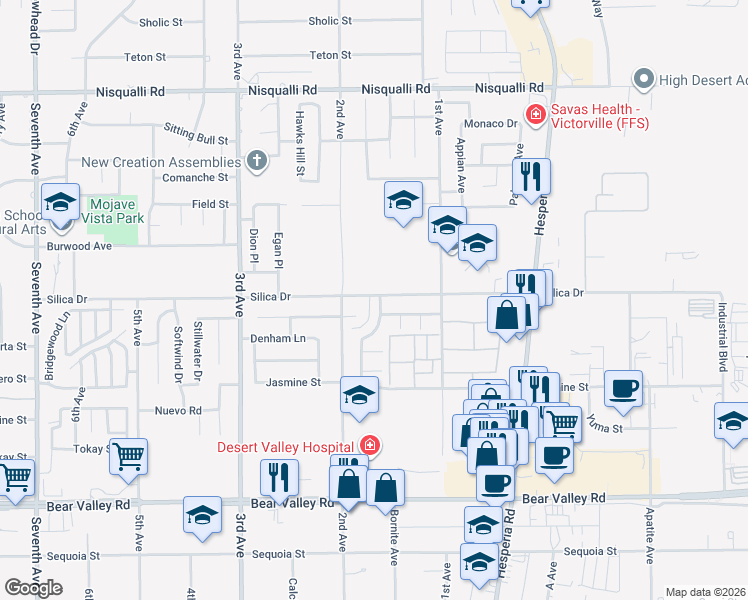 map of restaurants, bars, coffee shops, grocery stores, and more near 12492 Highgate Avenue in Victorville