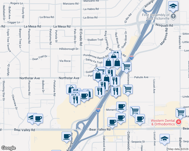 map of restaurants, bars, coffee shops, grocery stores, and more near 14571 Pony Trail Road in Victorville