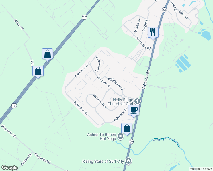map of restaurants, bars, coffee shops, grocery stores, and more near 246 Red Carnation Drive in Holly Ridge
