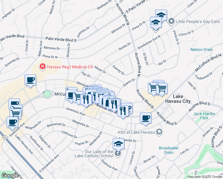 map of restaurants, bars, coffee shops, grocery stores, and more near 2085 Mesquite Avenue in Lake Havasu City