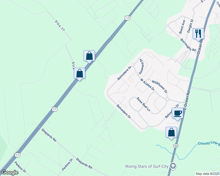 map of restaurants, bars, coffee shops, grocery stores, and more near 333 Belvedere Drive in Holly Ridge