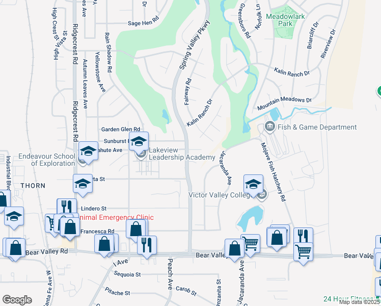 map of restaurants, bars, coffee shops, grocery stores, and more near 18162 Deer Park Lane in Victorville