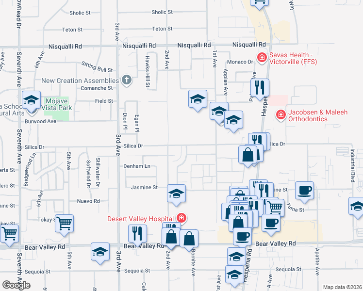 map of restaurants, bars, coffee shops, grocery stores, and more near 16498 Silica Dr in Victorville