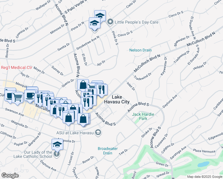 map of restaurants, bars, coffee shops, grocery stores, and more near 2301 McCulloch Boulevard North in Lake Havasu City