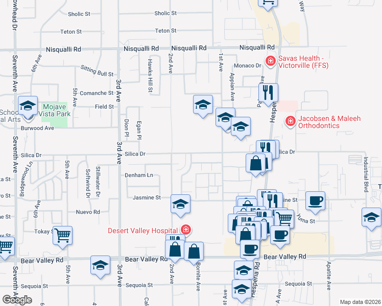 map of restaurants, bars, coffee shops, grocery stores, and more near Silica Drive in Victorville