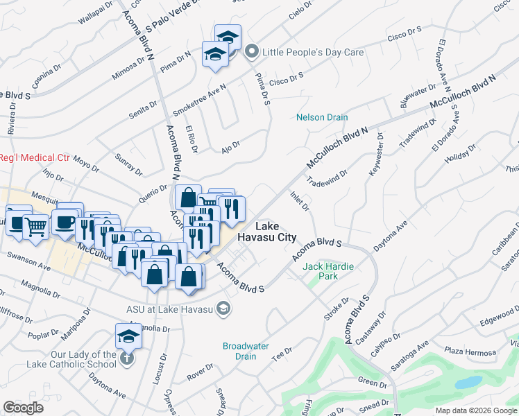 map of restaurants, bars, coffee shops, grocery stores, and more near in Lake Havasu City