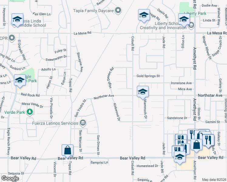 map of restaurants, bars, coffee shops, grocery stores, and more near 12525 High Desert Road in Victorville