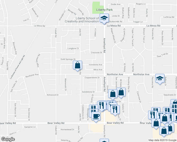 map of restaurants, bars, coffee shops, grocery stores, and more near 13565 Mica Avenue in Victorville