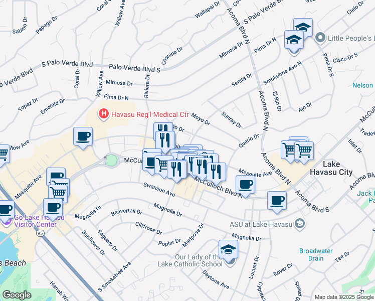 map of restaurants, bars, coffee shops, grocery stores, and more near 1650 Smoketree Avenue North in Lake Havasu City