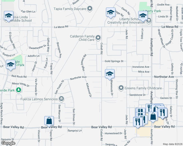 map of restaurants, bars, coffee shops, grocery stores, and more near 13219 Northstar Avenue in Victorville