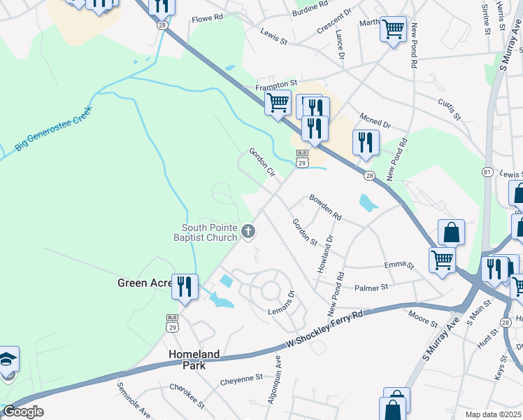 map of restaurants, bars, coffee shops, grocery stores, and more near 1300 Sayre Street in Anderson