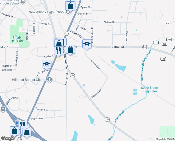 map of restaurants, bars, coffee shops, grocery stores, and more near 1005 East Bankhead Street in New Albany
