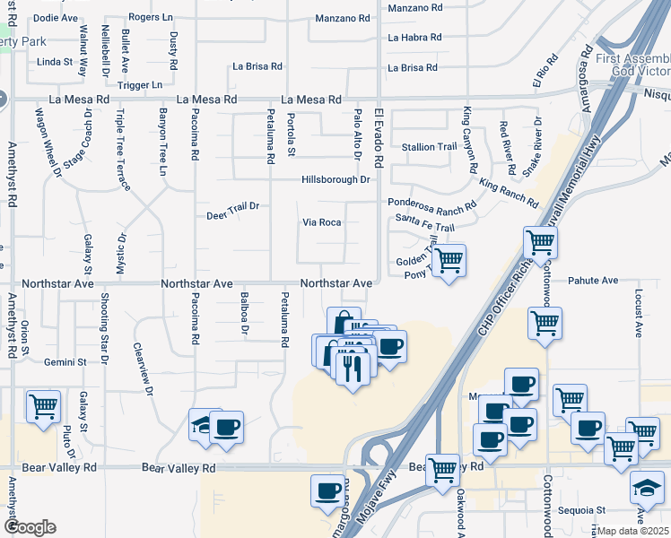 map of restaurants, bars, coffee shops, grocery stores, and more near 14405 Del Amo Drive in Victorville