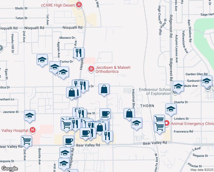map of restaurants, bars, coffee shops, grocery stores, and more near 741 Business Center Drive in Victorville