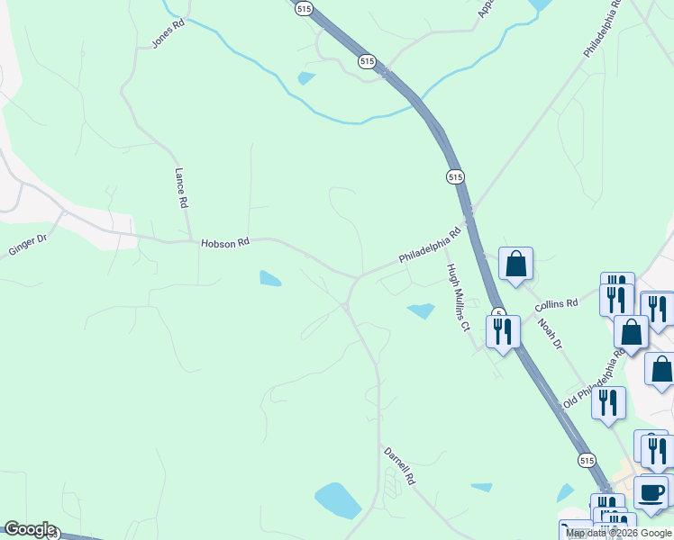 map of restaurants, bars, coffee shops, grocery stores, and more near 94 Hobson Road in Jasper