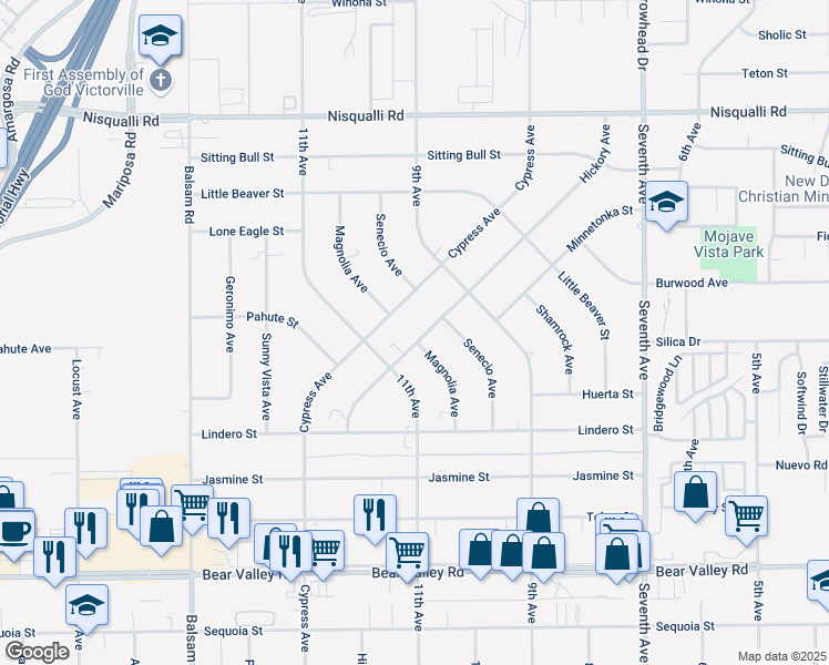 map of restaurants, bars, coffee shops, grocery stores, and more near 12585 Cypress Avenue in Victorville