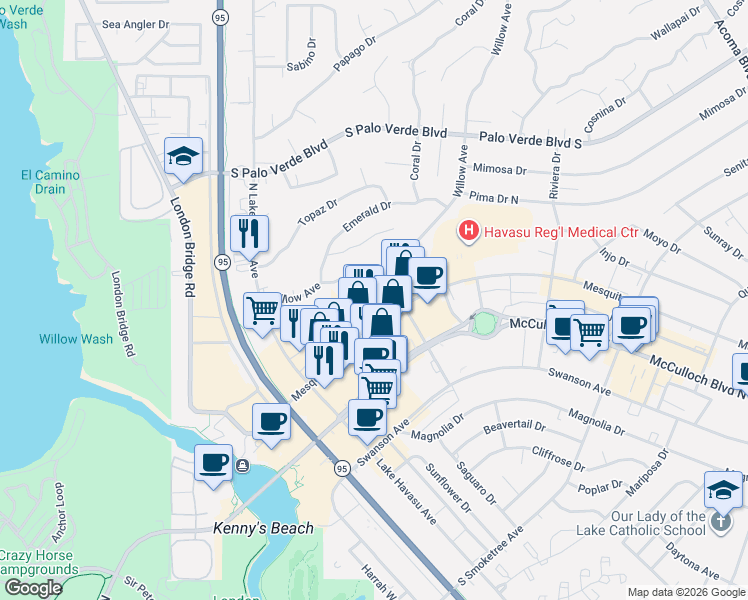 map of restaurants, bars, coffee shops, grocery stores, and more near 1676 Willow Avenue in Lake Havasu City