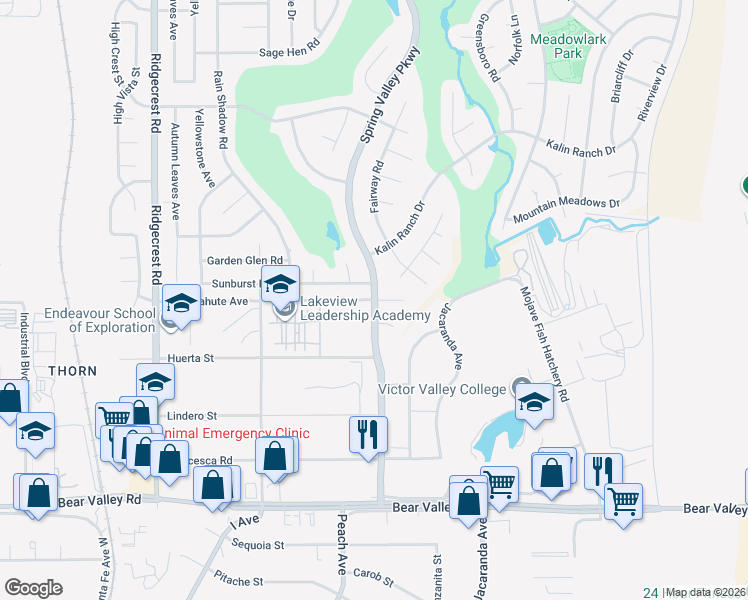 map of restaurants, bars, coffee shops, grocery stores, and more near Pahute Avenue in Victorville