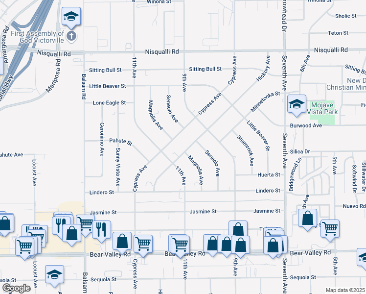 map of restaurants, bars, coffee shops, grocery stores, and more near 12585 Cypress Avenue in Victorville