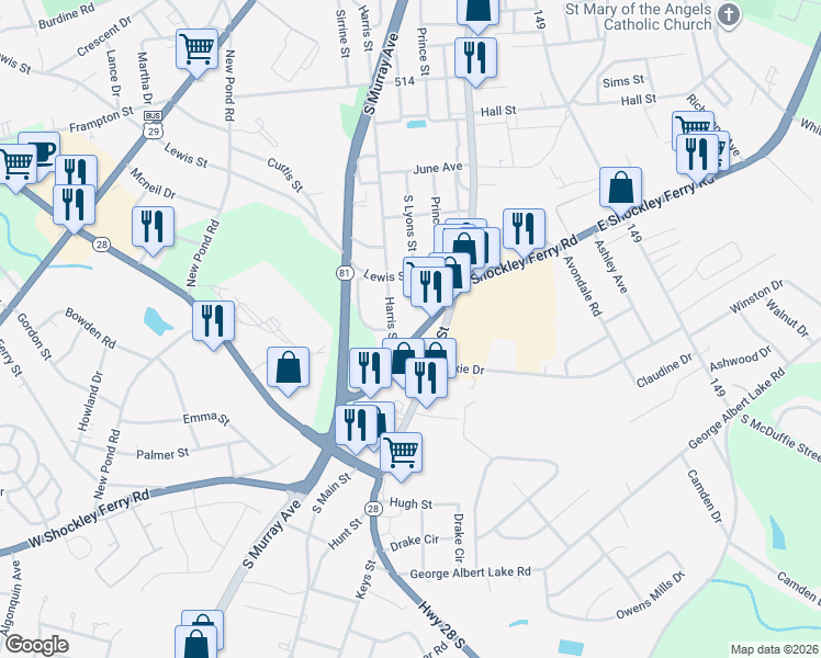 map of restaurants, bars, coffee shops, grocery stores, and more near 104 West Shockley Ferry Road in Anderson