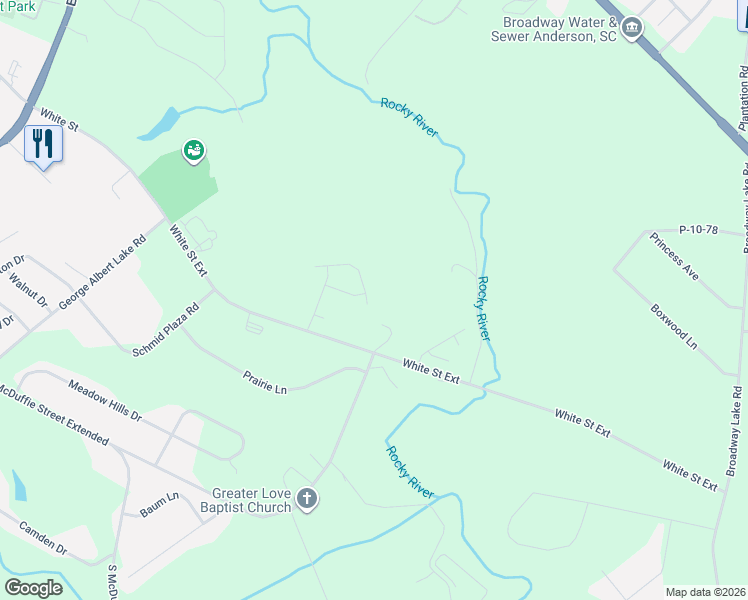 map of restaurants, bars, coffee shops, grocery stores, and more near 175 Strawberry Place in Anderson