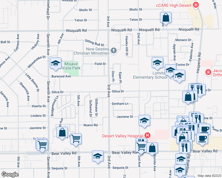 map of restaurants, bars, coffee shops, grocery stores, and more near 16512 Silica Drive in Victorville