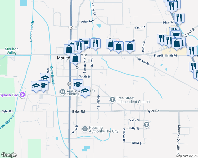 map of restaurants, bars, coffee shops, grocery stores, and more near 75 Sommerville Avenue in Moulton