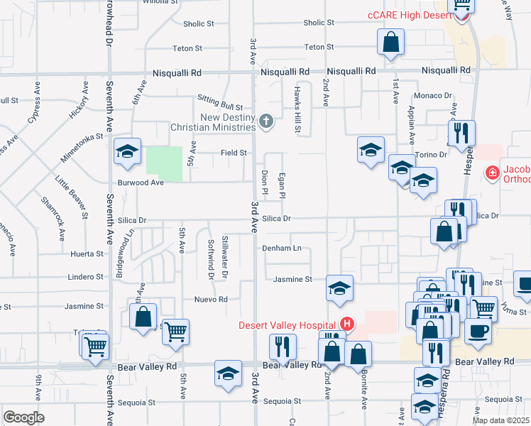 map of restaurants, bars, coffee shops, grocery stores, and more near 16536 Silica Drive in Victorville