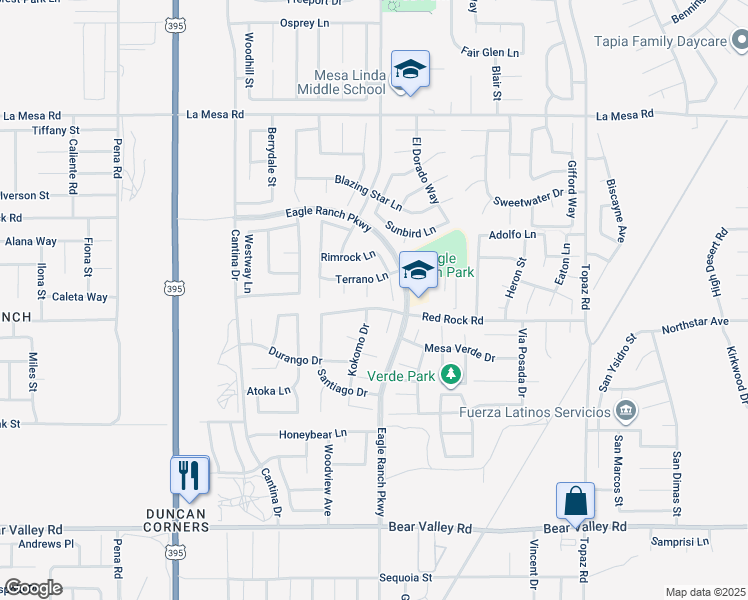 map of restaurants, bars, coffee shops, grocery stores, and more near 12531 Bermuda Court in Victorville