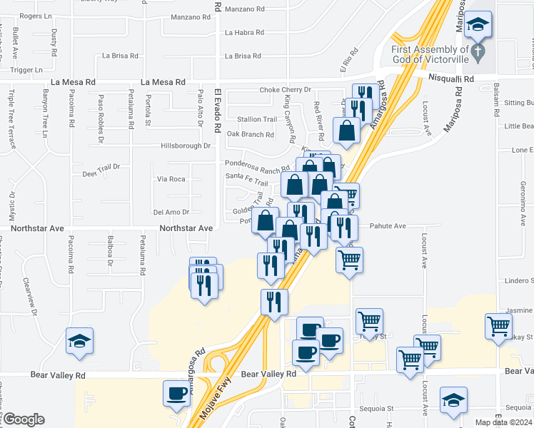 map of restaurants, bars, coffee shops, grocery stores, and more near 14617 Pony Trail Road in Victorville