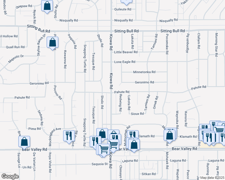 map of restaurants, bars, coffee shops, grocery stores, and more near Kiowa Road in Apple Valley