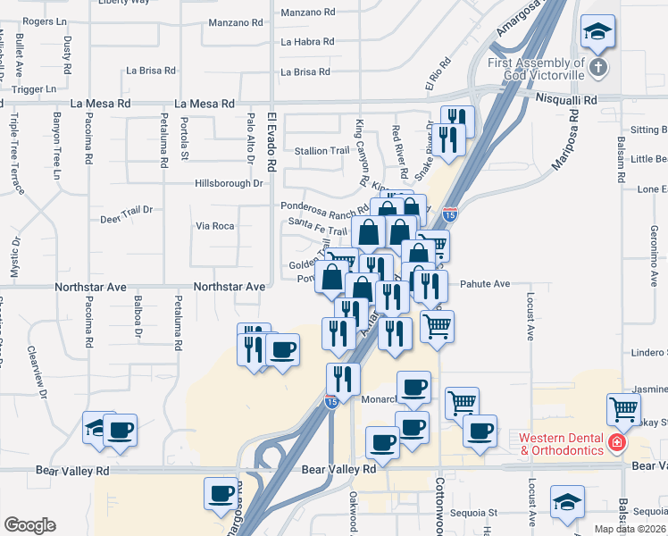 map of restaurants, bars, coffee shops, grocery stores, and more near 14635 Pony Trail Road in Victorville