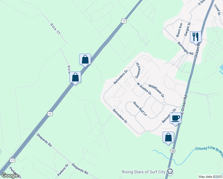 map of restaurants, bars, coffee shops, grocery stores, and more near 326 Belvedere Drive in Holly Ridge