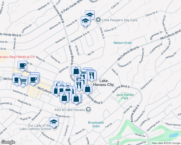 map of restaurants, bars, coffee shops, grocery stores, and more near 25 Torrito Lane in Lake Havasu City