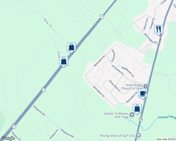 map of restaurants, bars, coffee shops, grocery stores, and more near 345 Belvedere Drive in Holly Ridge