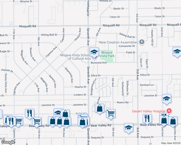 map of restaurants, bars, coffee shops, grocery stores, and more near 12525 Seventh Avenue in Victorville