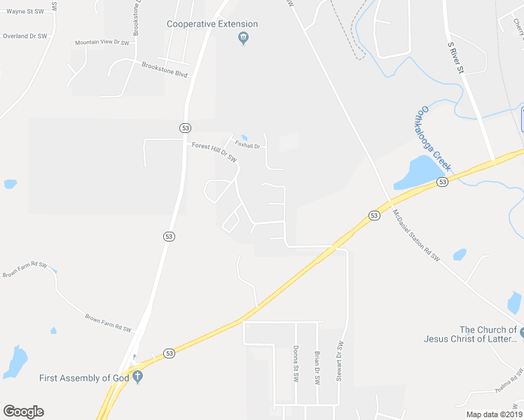 map of restaurants, bars, coffee shops, grocery stores, and more near 139 Evergreen Place Southwest in Calhoun