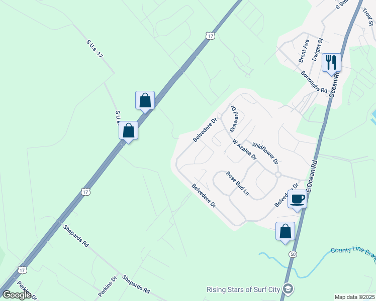 map of restaurants, bars, coffee shops, grocery stores, and more near 326 Belvedere Drive in Holly Ridge